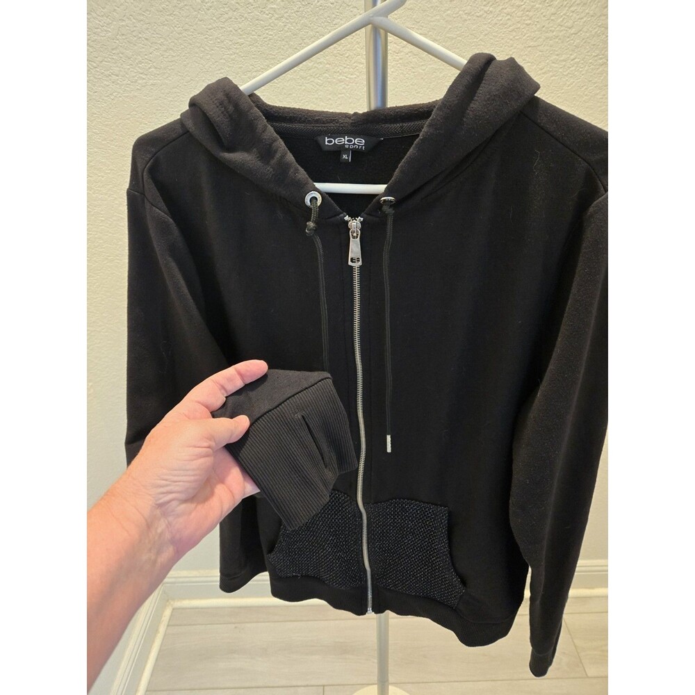 Bebe Sport Womens XL Black Full Zip Hoodie Sweatshirt Metallic Logo Mesh Pockets